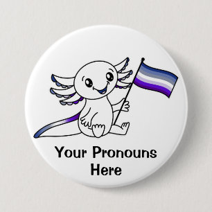 PRONOUNS Cute Axolotl + Butch Lesbisk Pride Flagga Knapp