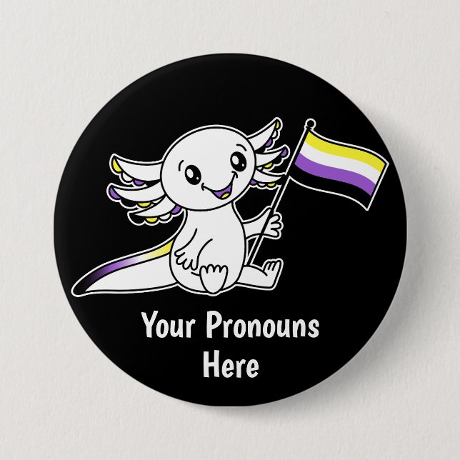 PRONOUNS Cute Axolotl Flagga för icke-binärt Pride Knapp (Framsida)