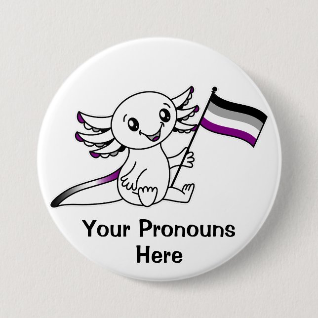 PRONOUNS Cute Axolotl med Ace Pride Flagga HGBTQ+ Knapp (Framsida)
