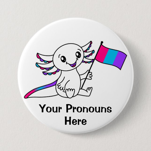 PRONOUNS Cute Axolotl med Androgyne Pride Flagga Knapp (Framsida)