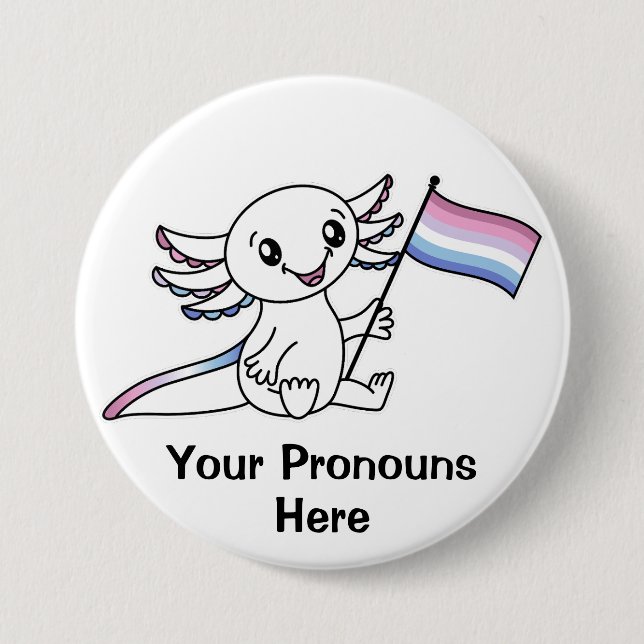 PRONOUNS Cute Axolotl med Flagga Bigender Pride Knapp (Framsida)