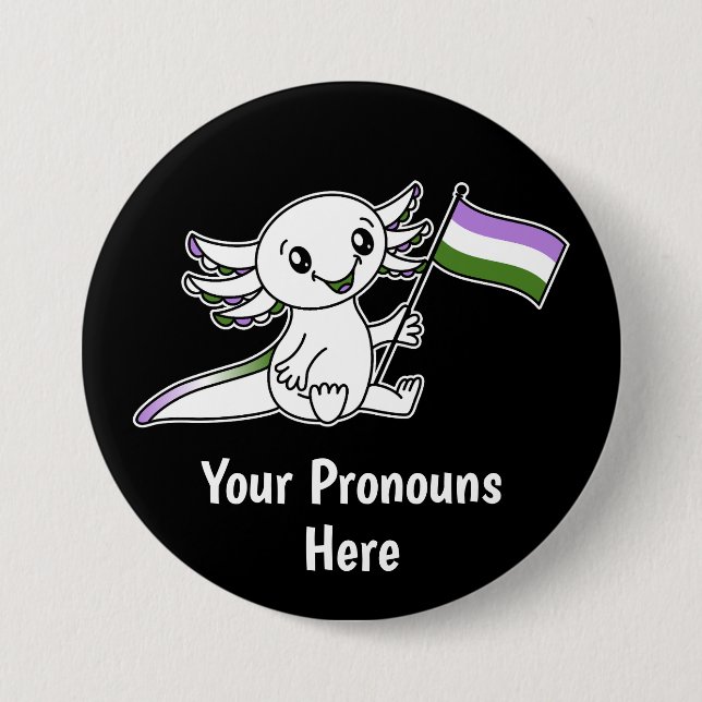 PRONOUNS Cute Axolotl med Flagga för Pride av köns Knapp (Framsida)