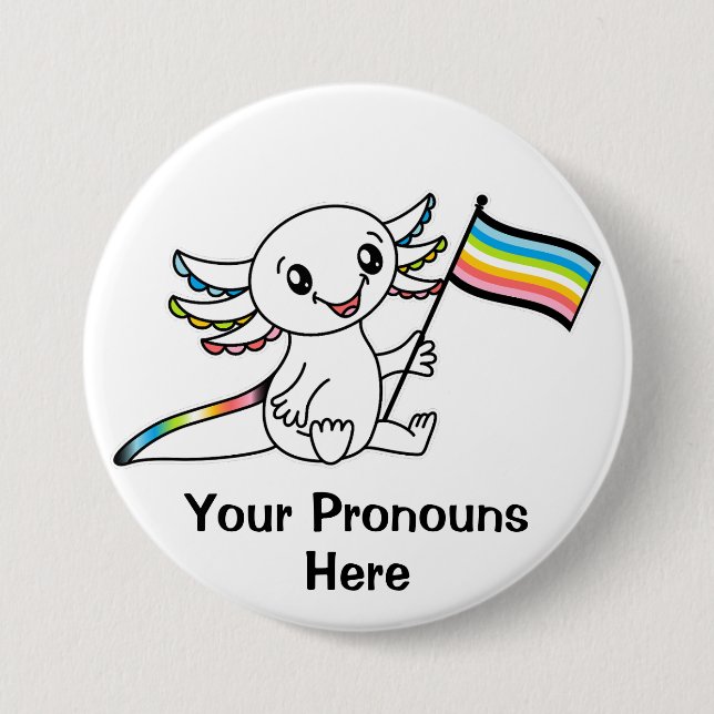 PRONOUNS Cute Axolotl med Queer Pride Flagga HGBTQ Knapp (Framsida)