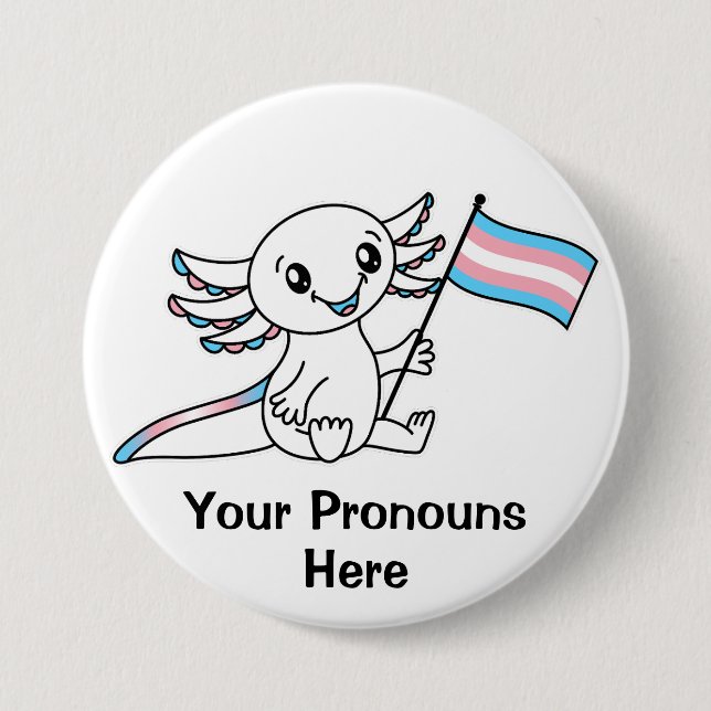 PRONOUNS Cute Axolotl med Trans Pride Flagga HGBTQ Knapp (Framsida)