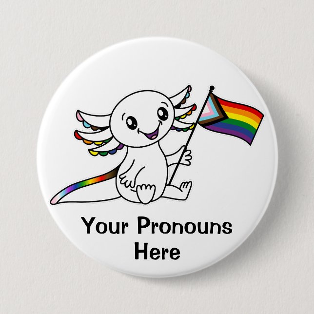 PRONOUNS Cute Axolotl Quasar Rainbow Pride Flagga Knapp (Framsida)
