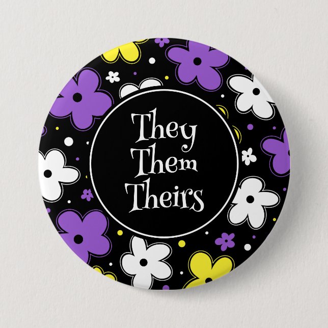 Pronouns! Icke-binärt Pride Flagga Flowers Doodle Knapp (Framsida)