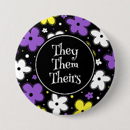 Pronouns! Icke-binärt Pride Flagga Flowers Doodle Knapp
