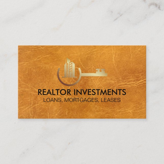 Properties Key Gold Logo | Brun Läder Visitkort (Framsida)