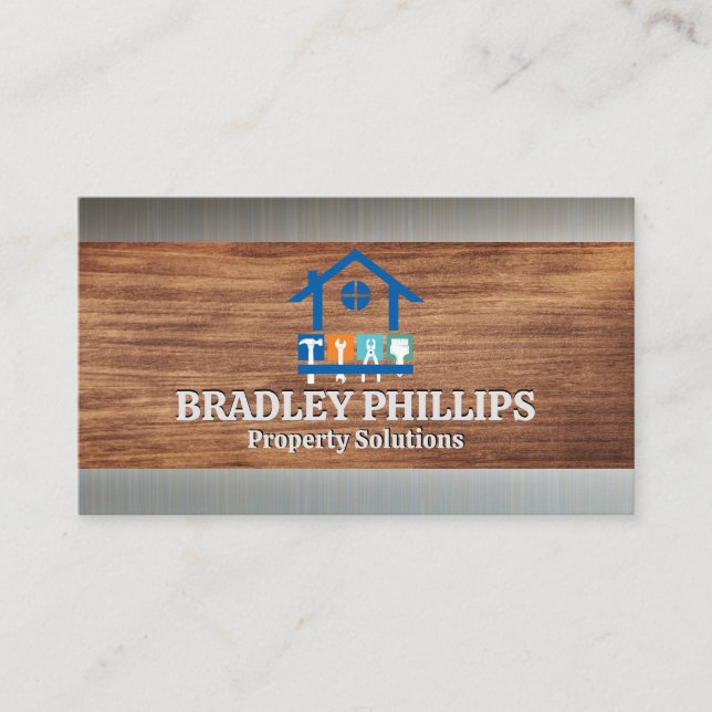 Property Repair Tools Logo | Wood Grain | Metal Visitkort (Framsida)