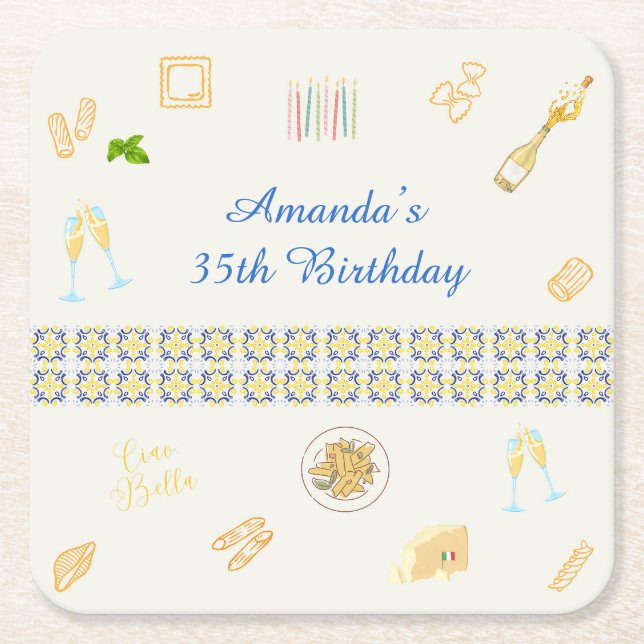 Prosecco och Pasta Födelsedag Underlägg Papper Kvadrat (Framsidan)