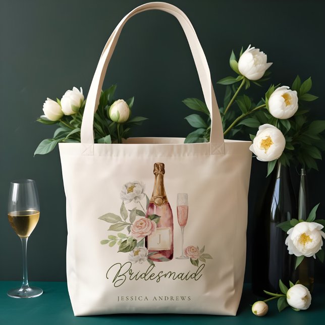 Prosecco Prickig Vattenfärg Blommig Brudtärna Tygkasse (Prosecco Bubbly Watercolor Floral Bridesmaid Tote Bag)