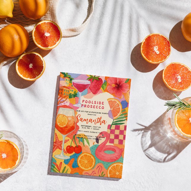 Prosecco vid poolen Tropisk kollaž | Sommarpool Inbjudningar (Skapare uppladdad)