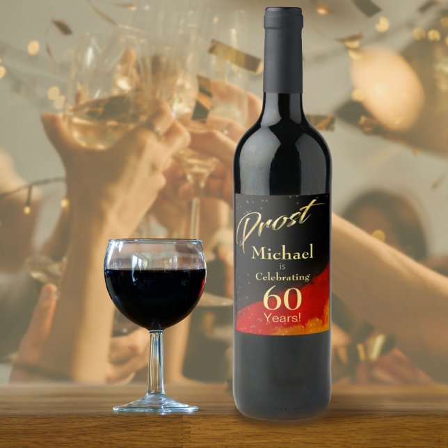 Prost Black, Red & Guld 60:e födelsedagen Vinflaska Etikett (Prost Black, Red & Gold 60th Birthday Wine Label)