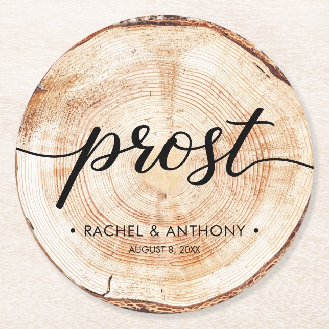 Prost German Bröllop Wood Grain Round Anpassningsb Underlägg Papper Rund (Framsidan)
