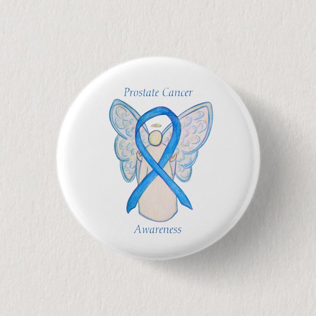 Prostate Cancer Blue Awareness Ribbon Angel Pin Knapp (Framsida)