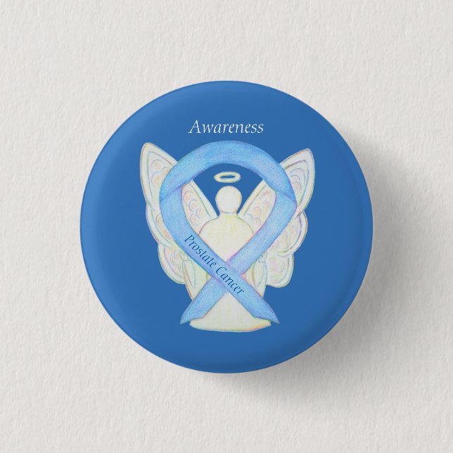 Prostate Cancer Blue Awareness Ribbon Angel Pin Knapp (Framsida)