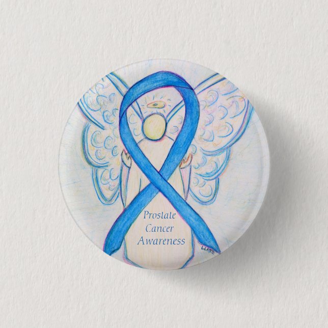 Prostate Cancer Blue Awareness Ribbon Angel Pin Knapp (Framsida)