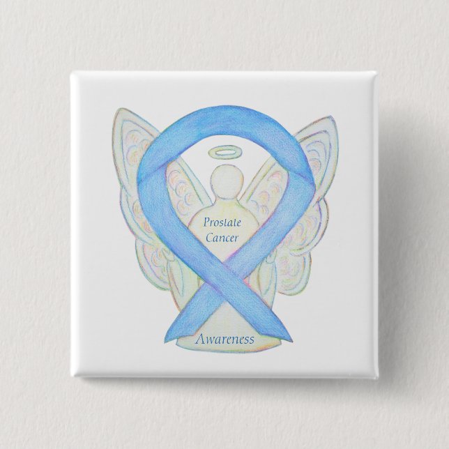 Prostate Cancer Blue Awareness Ribbon Angel Pin Knapp (Framsida)