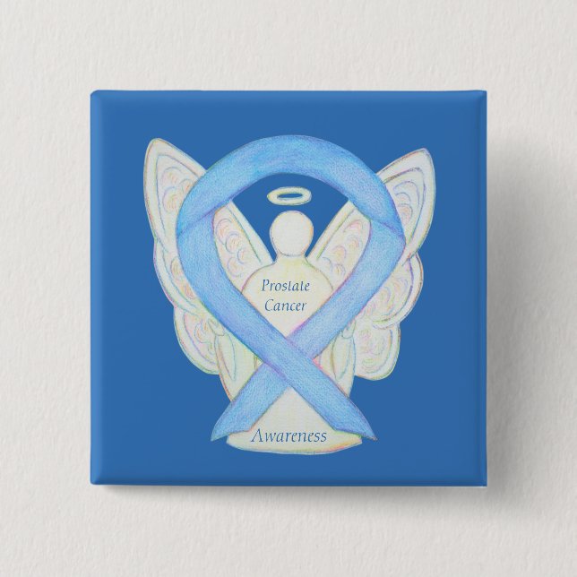 Prostate Cancer Blue Awareness Ribbon Angel Pin Knapp (Framsida)