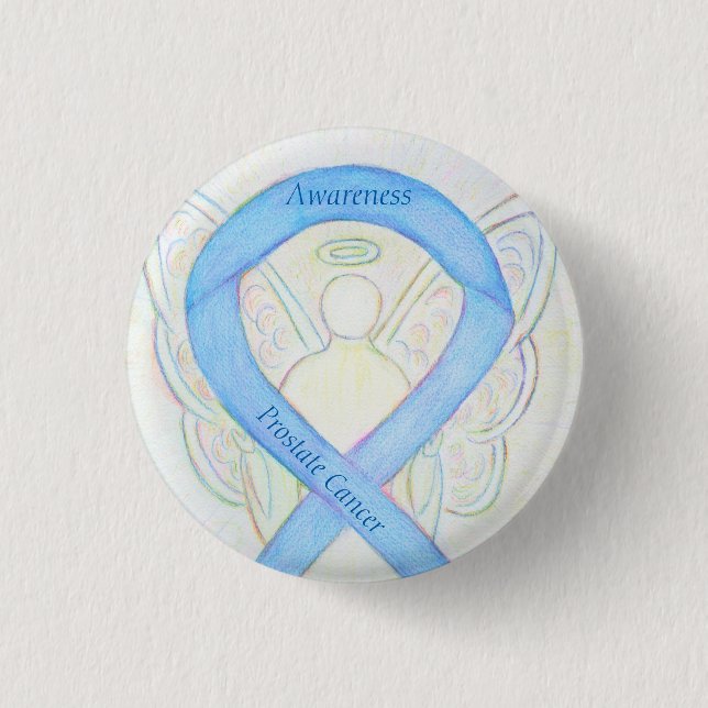 Prostate Cancer Blue Awareness Ribbon Angel Pin Knapp (Framsida)