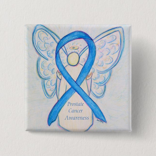 Prostate Cancer Blue Awareness Ribbon Angel Pin Knapp (Framsida)