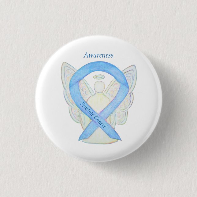 Prostate Cancer Blue Awareness Ribbon Angel Pin Knapp (Framsida)
