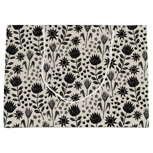 Protea Blommigt Block Print Millefleur Black Linen