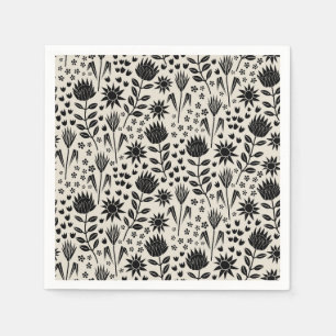Protea Blommigt Block Print Millefleur Black Linen Pappersservett
