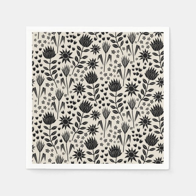 Protea Blommigt Block Print Millefleur Black Linen Pappersservett (Framsidan)