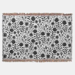 Protea Blommigt Block Print Millefleur black white Filt