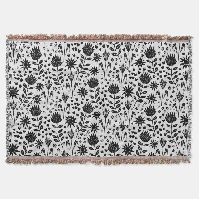 Protea Blommigt Block Print Millefleur black white Filt (Framsidan)