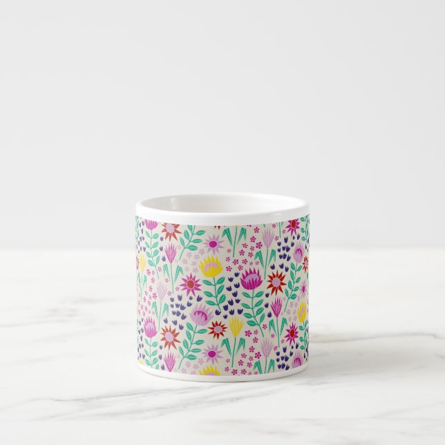 Protea Blommigt Block Print Millefleur ljus Espressomugg (Framsidan)