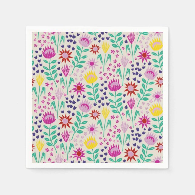 Protea Blommigt Block Print Millefleur ljus Pappersservett (Framsidan)