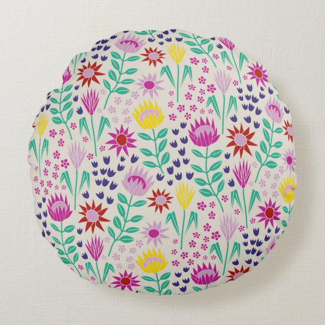 Protea Blommigt Block Print Millefleur ljus Rund Kudde (Framsidan)
