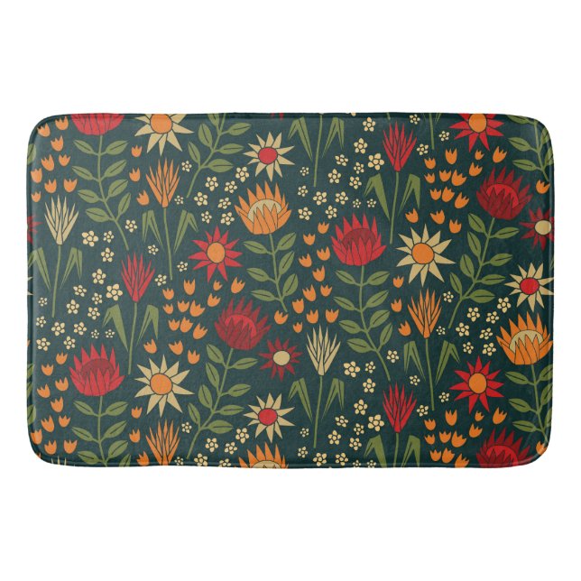Protea Blommigt Block Print Millefleur-mörkar Badrumsmatta (Framsidan)