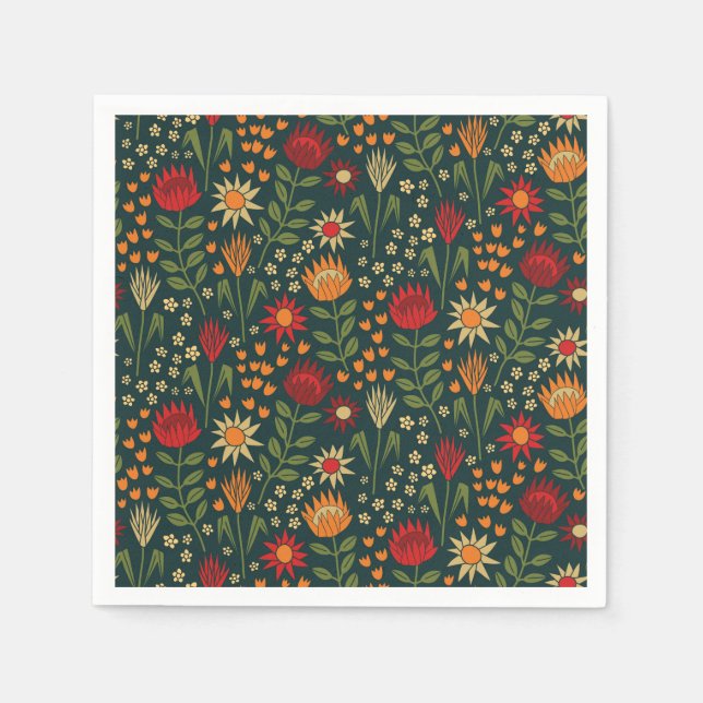 Protea Blommigt Block Print Millefleur-mörkar Pappersservett (Framsidan)