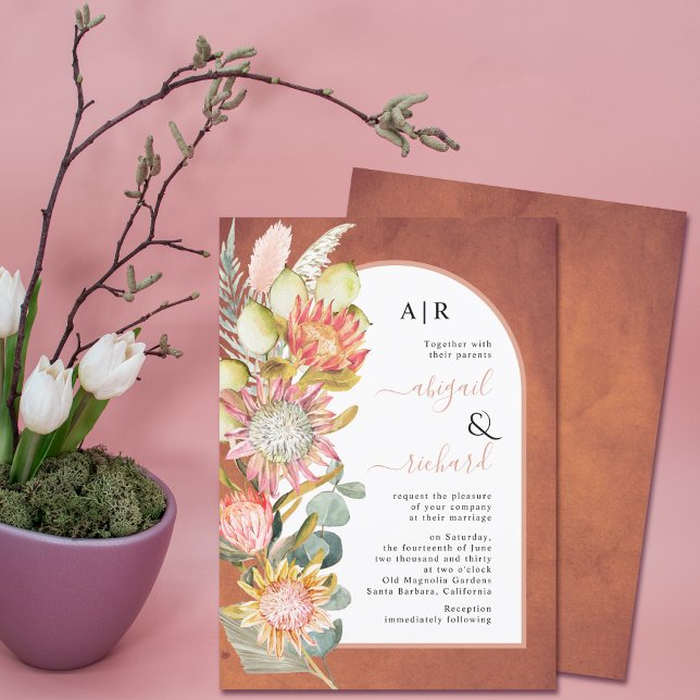 Protea blommor pampas gräs sterracotta bröllop inbjudningar (Skapare uppladdad)