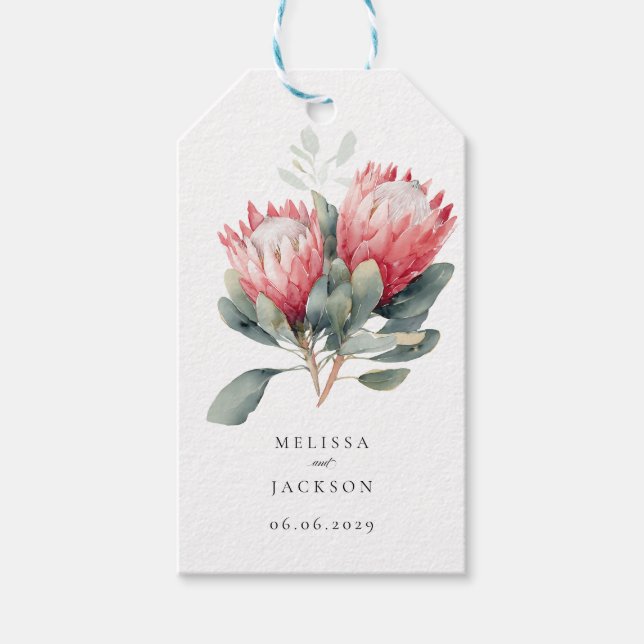 Protea Blush Watercolor Flowers Wedding Presentetikett (Framsidan)