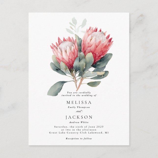 Protea Blush Watercolor Flowers Wedding Vykort (Framsida)
