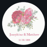 Protea Flowers Watercolor Wedding Stickers Runt Klistermärke<br><div class="desc">De här bröllopsklistermärkena har vattenfärgade blommor. Du kan anpassa dessa klistermärken med namn och bröllop-datumet. Klicka på knappen "Anpassa" om du vill ha fler alternativ om du vill ändra texten storlek eller om du vill lägga till ytterligare text. Dessa klistermärken är idealiska för använda som klistermärken eller för att dekorera...</div>
