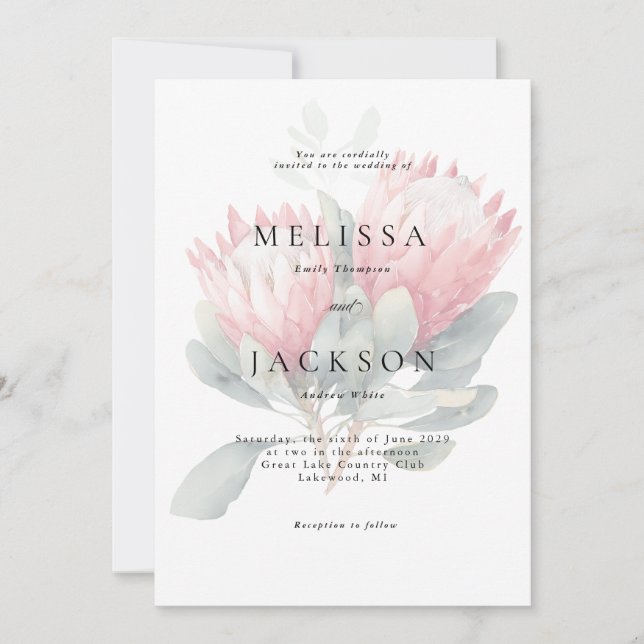 Protea Rosa Watercolor Blommor Bröllop Inbjudningar (Framsida)