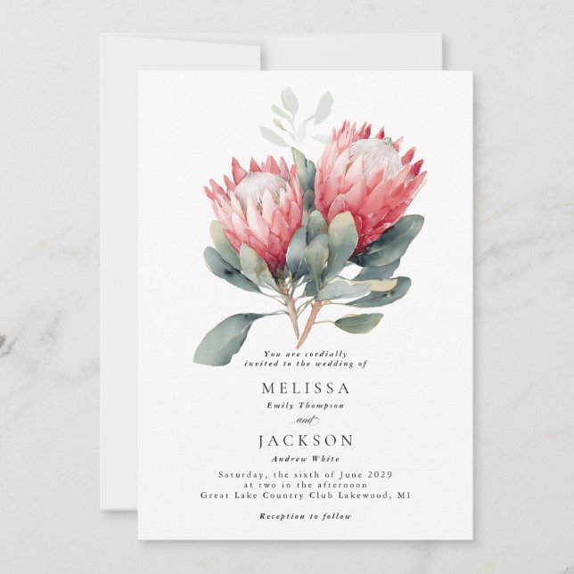 Protea Rosa Watercolor Blommor Bröllop Inbjudningar (Framsida)