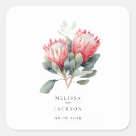 Protea Rosenskär Akvarell Blommor Bröllop Fyrkantigt Klistermärke