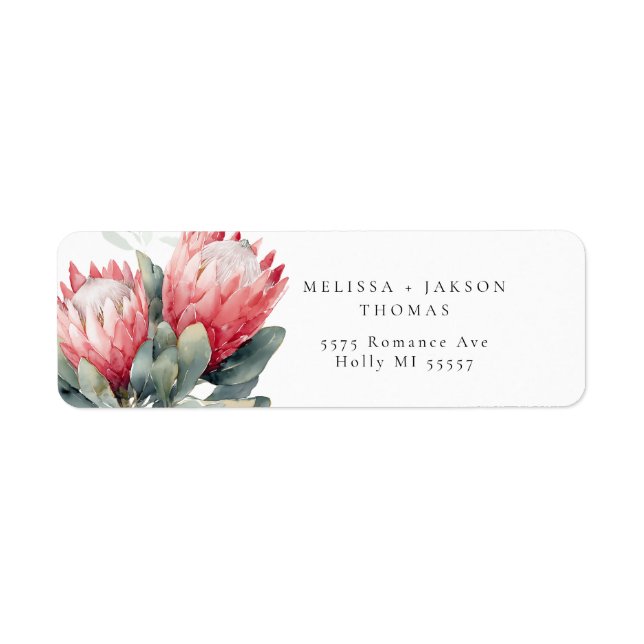 Protea Rosenskär Akvarell Blommor Bröllop Returadress Etikett (Framsidan)