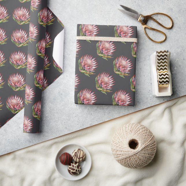 Protea sugarbush-blommans vattenfärgning rosa gråt presentpapper (Hantverk)