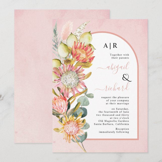 Proteblommor pampas-gräs och eukalyprus bröllop inbjudningar (Fram/baksida)