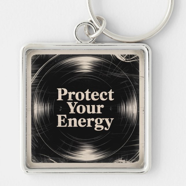 Protect Your Energy Fyrkantig Silverfärgad Nyckelring (Framsidan)