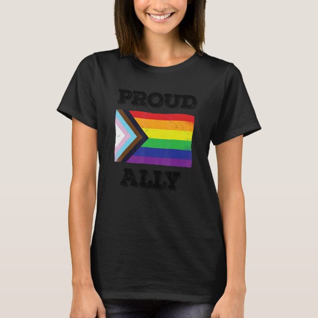 Proud Ally Pride Month Lgbtq Rainbow Flagga Black  T Shirt (Framsida)