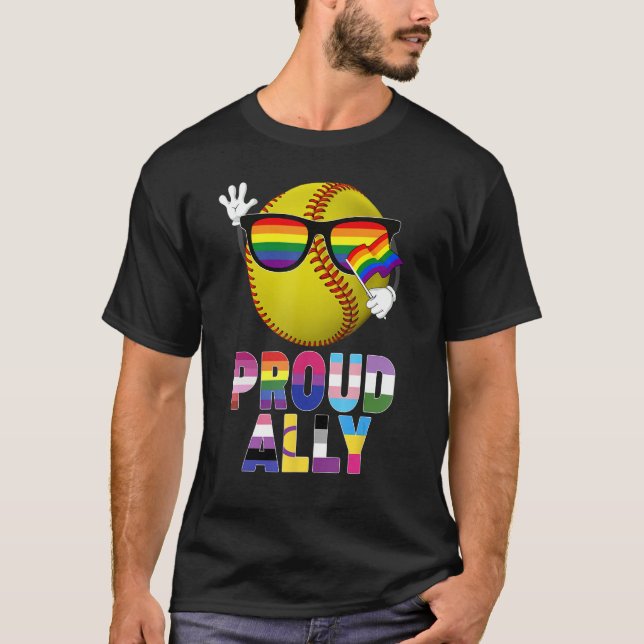 Proud Ally Softball Ball Rainbow Flag Gay Lesbian  T Shirt (Framsida)