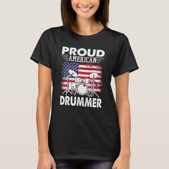 Proud American Drummer US Flag Musicians And Percu T Shirt (Framsida)